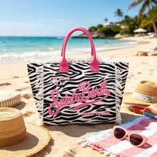 Hweilai Large Capacity Shopping Bag For Women, Simple Commuter/Student Shoulder Bag, Tassel Beach Bag - Black and Pink - View 6