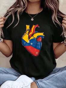 1 pieza Camiseta de talla grande para mujeres VenezuelaS con estampado gráfico, manga corta, cuello redondo, de algodón, lavable a máquina, 180g, 100% algodón suave - Negro - Ver 6