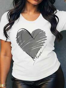 Camiseta con estampado de corazón dibujado a mano, sencilla y casual, adecuada para la calle, actividades al aire libre, viajes, vacaciones, desplazamientos diarios, ocio y entretenimiento, conjunto para hermanas, se combina con una chaqueta, camiseta versátil 14462-Gris, 100% algodón. - Blanco - Ver 1