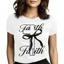 Tops para mujer de algodón de manga corta con cuello redondo y estampado de cruz para mujer, corte casual y ajuste regular. - Blanco - Ver 9