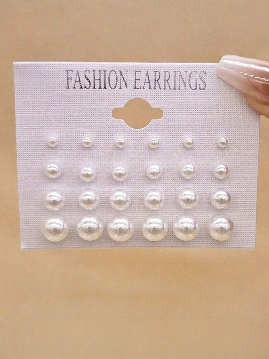 24pcs Set Pure White Pearl Classic Stud Earrings - Pearl Earrings - View 1