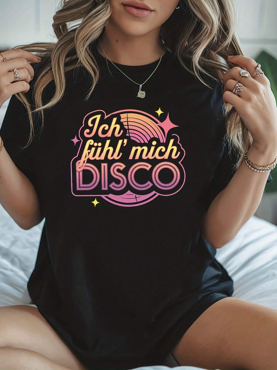 Camiseta de manga corta para mujer con cuello redondo y estampado gráfico alemán 'I Feel DISCO' estilo retro disco, perfecta para salidas casuales, regalos festivos y reuniones con amigos. - Negro - Ver 1