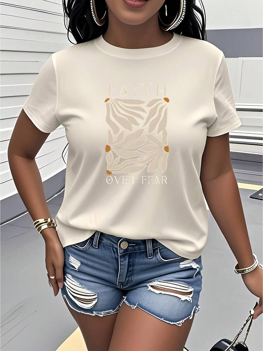 1 T-Shirt Printed With The Phrase "Faith Over Fear", Short Sleeves And Round Neck, Women's Clothing, Simple And Artistic Style, Versatile And Fashionable, Suitable For Casual Daily Wear, Parties, Travel, Vacations, Birthday Gift, 100% Cotton. Women's Warm Clothing - 杏色 - 查看 1