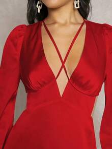 Vestido de cuello profundo de manga farol con tira cruzada de espalda abierta con cordón de satén - Rojo - Ver 6