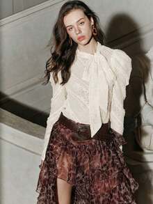 Camisa de mujer de manga larga elegante con diseño de corbata de moño, con sensación de alta gama, adecuada para primavera y el Día de San Valentín - Albaricoque - Ver 3