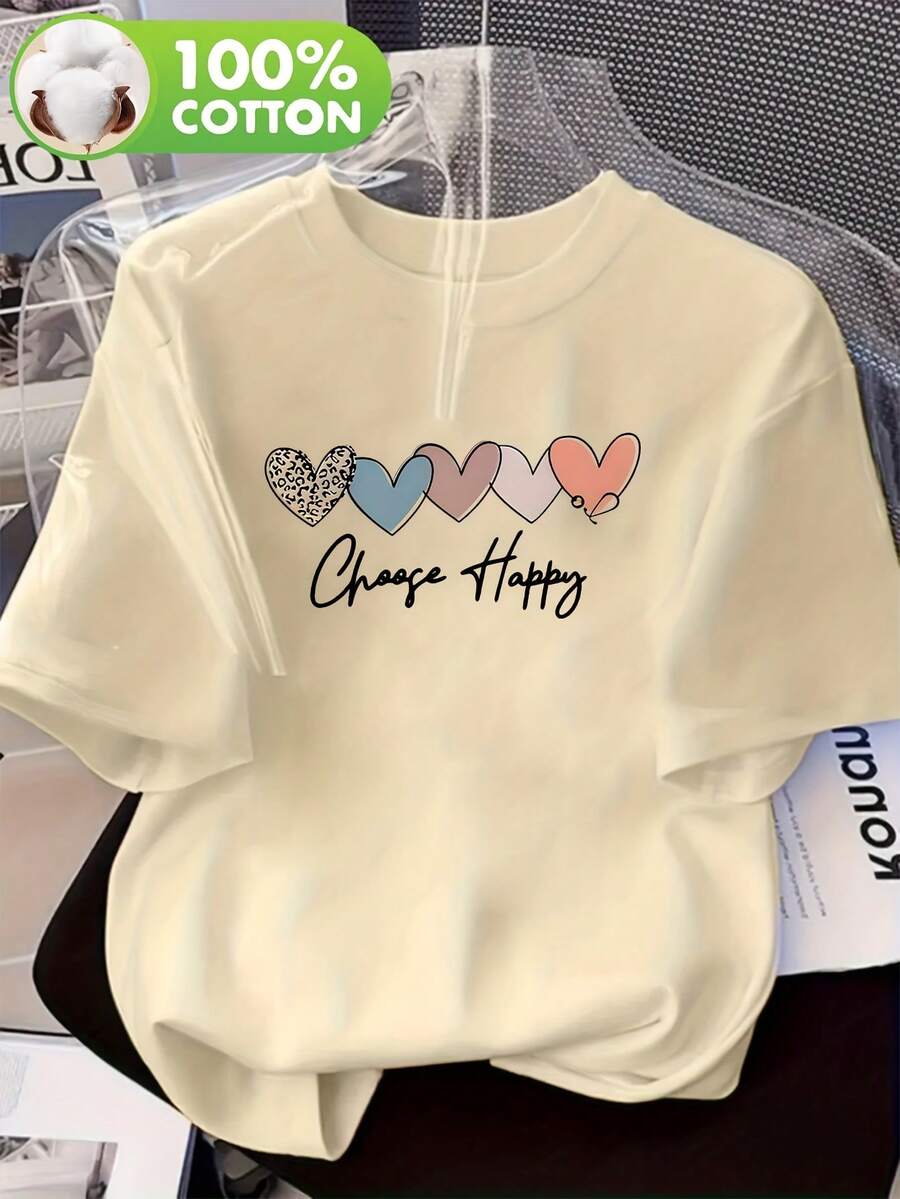 Women's Modern, Casual T-Shirt, Perfect For Parties And Lounging At Home. 100% Cotton, Relaxed Fit. Women's T-Shirt With A Heart And Letter Print Inspired By The Y2K Design. A Spring/Summer Essential, Versatile, And Fashionable For Work. Crew Neck, Short, Relaxed Sleeves, 100% Cotton, 9486100% Cotton - 杏色 - 查看 1