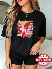 Camiseta negra de manga corta con cuello redondo y estampado para dama, verano Diseño de Figura de Danza de Estrella de Bat S-3XL moda 100% aodón material - Negro - Ver 2