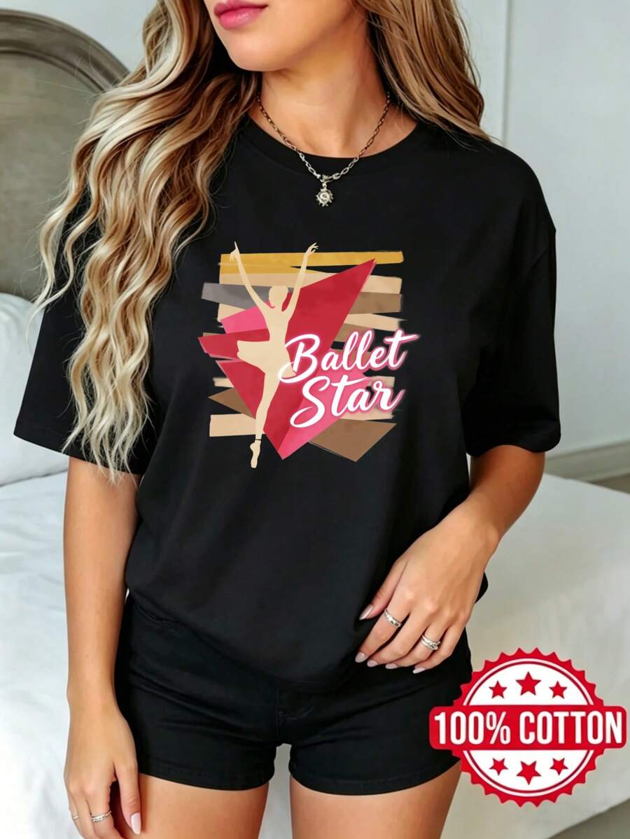 Camiseta negra de manga corta con cuello redondo y estampado para dama, verano Diseño de Figura de Danza de Estrella de Bat S-3XL moda 100% aodón material