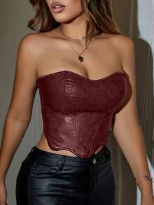 Yuwenier Retro Solid Color Floral Asymmetric Hem Boned Tie-Up Backless PU Leather Bustier Corset, Suitable For Music Festivals, Halloween, Women - Burgundy - View 4