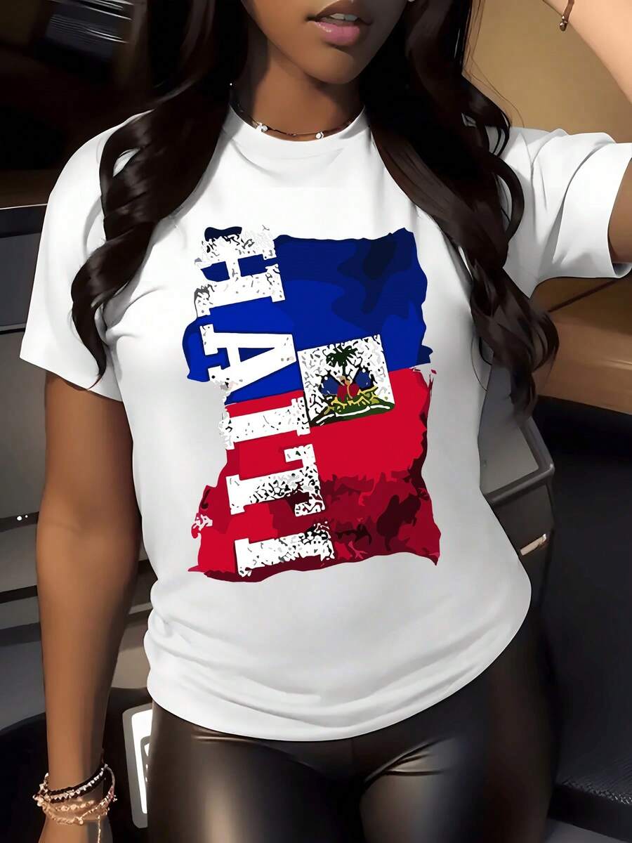 Colorful Haitian Flag With Country Map And Patriotic Details That Convey Cultural Pride And National Strength, Modern Casual Women's T-Shirt - 白色 - 查看 1