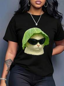 Plus Size Women's Loose Fit Crew Neck T-Shirt - Cat And Cabbage Design, Breathable, Casual Summer Wear, Simple, Stylish, Comfortable For All Seasons. Women's Summer Graphic Tees, Casual Short Sleeve Crew Neck Printed T-Shirt, Spring/Summer Local Urban Fashion. - 黑色 - 查看 8