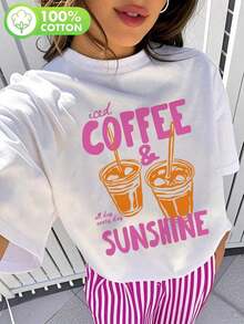 Women's Clothing. Pure Cotton Women's Summer T-Shirt, Stylish Coffee Print Tee, Short-Sleeved Top With Iced Coffee And Sun Print, A Gift For Coffee Lovers. Women's Shirts - 白色 - 查看 6