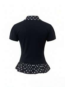 Black & Polka Dot Puff Collar Short Sleeve T-Shirt, Fitted Design, Versatile Summer Top For Women - Black - View 10