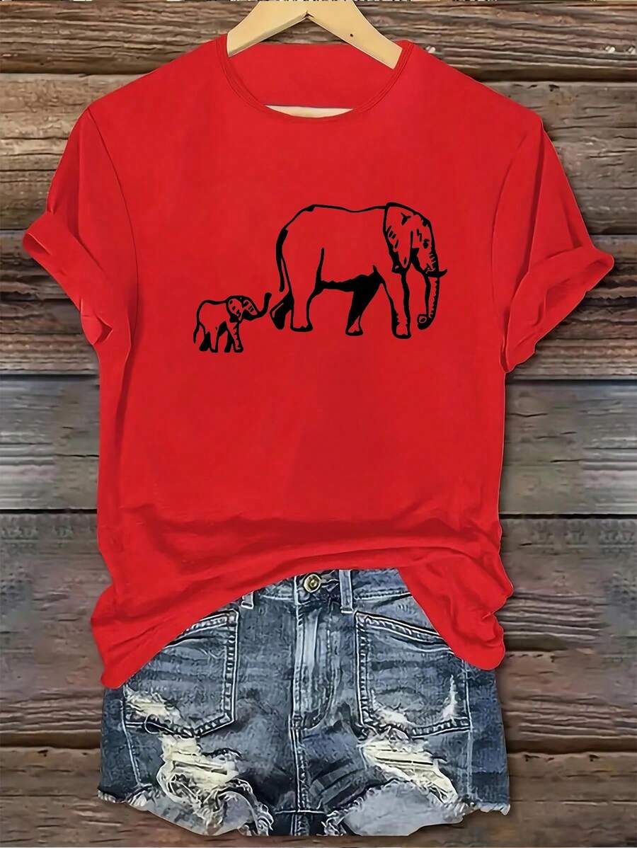 Camiseta Casual de Manga Corta para Mujer - Top rojo brillante con estampado de elefante madre e hijo en negro, adecuada para el día a día y ocasiones especiales - Lavable a máquina para todas las estaciones, camiseta versátil y elegante, diseño de estampado exquisito, costuras de calidad, imprescindible para los entusiastas de la moda. ropa de calor mujer - Rojo - Ver 1