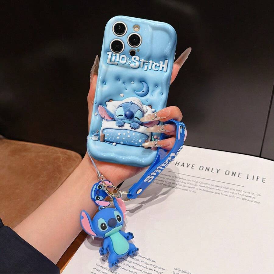 Disney Lilo & Stitch Phone Case With Stitch Charm And Stitch Lanyard - Cute Stitch Protective Case With Sleepy Pose, Moon And Star Accent Design, Equipped With Delicate Stitch Decorative Lanyard And Beaded Bracelet For Easy Carrying, Compatible With IPhone 17, 16, 15, 14, 13, 12, 11 Pro Series, Ideal For Birthdays, Holidays, Anniversaries, Graduation Gifts, Or Any Special Occasion To Surprise Family, Friends, Classmates, And Loved Ones. - 白色 - 查看 1