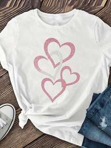Una camiseta de manga corta para mujer, holgada, informal y de uso diario, adecuada para actividades al aire libre en primavera y verano, una camiseta de manga corta para mujer con estampado de corazones brillantes, ropa de verano para mujer, una camiseta deportiva de manga corta con cuello redondo, ropa para mujer. blusas para mujer,blusas casuales para dama,tops,, mujer premium,y2k,playeras de mujer curvy,ofertas y liquidaciones ropa mujer,playeras deportivas para mujer,,playeras de hombre, mujer,blusas>elegante W8SB 100% Cotton Blusas Bonito - Blanco - Ver 1