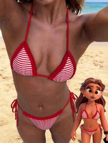 Conjunto de Bikini Retro a Cuadros y Lunares para Mujer, Atuendo Moderno Adecuado para Salidas, Vacaciones, Festivales de Música, Fiestas en la Piscina, Carnavales y Otras Ocasiones de Verano en la Playa - Rojo y blanco - Ver 13