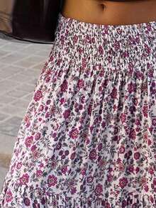 Falda larga elegante con estampado floral pequeño para mujer EARO, hecha de tela sin estiramiento, con caída fluida y estampado de moda, adecuada para uso casual diario y vacaciones - Morado - Ver 4