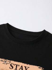 Solt Camiseta gráfica de manga corta con estampado de eslogan para uso diario y casual de mujer graphic - Negro - Ver 3