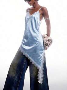 2026 Nuevo vestido minimalista de primavera/verano para mujer, vestido corto de tirantes finos con bajo asimétrico de encaje de contraste de unicolor, azul marino - Azul - Ver 6