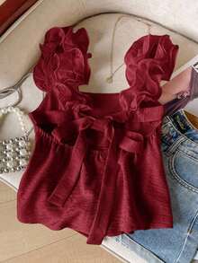 Frenchy Camiseta de tirantes de mujer con volantes de unicolor y parches, con detalle de nudo en la espalda - Rojo - Ver 1