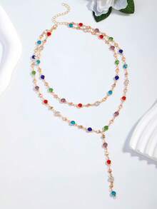 1pc Random Color Oval Metal Chain Y-Shaped Long Necklace, Suitable For Travel, Dates, Parties - Gold - View 5