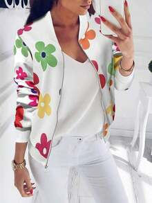 Chaqueta con cremallera con estampado floral casual para mujer - Multicolor 8 - Ver 1