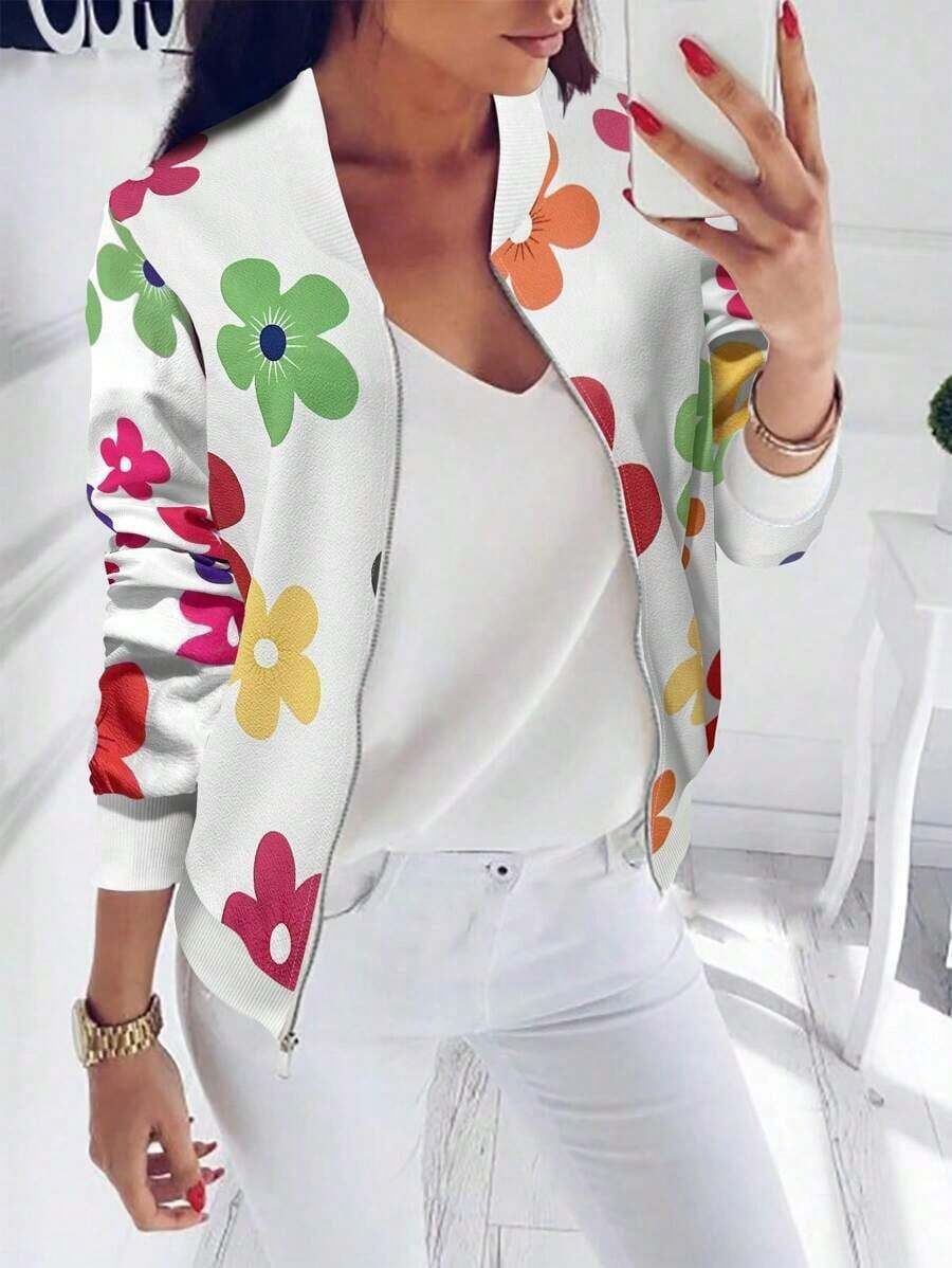 Chaqueta con cremallera con estampado floral casual para mujer - Multicolor 8 - Ver 1