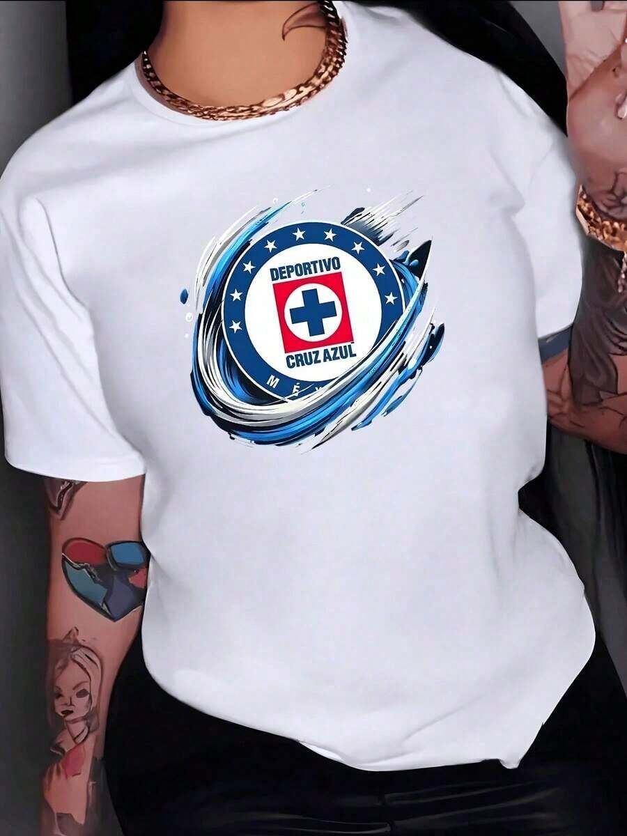 Fashion Printed T-Shirts For Women, Oversized Streetwear Tops, Comfortable And Stylish All-Match Summer Tees. Blue Cross With Stars Representing Passion And Unity Of National Sport In Vibrant Circular Stroke. Women's Cotton T-Shirt 220g - 白色 - 查看 1