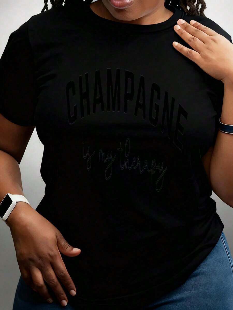 Camisetas vintage de manga corta para mujer, camiseta con estampado de texto blanco "Champagne Is My Therapy", ropa casual de uso diario para mujeres y hombres, estilo informal. - Negro - Ver 1