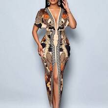 Women's Elegant Chain Print High Slit Thigh Bodycon Dress, Sexy Deep V-Neck, High Waisted Print Batwing Sleeve Dress Unique Dress - Marrón - Ver 6