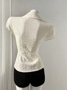 Jafgg Elegante Camisa Blanca de Tela Tejida para Mujer, Manga Corta, Casual, Lisa, con Detalle Fruncido en el Busto - Albaricoque - Ver 2