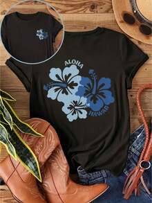 Under The Radar Women's Casual Black T-Shirt With Hawaiian Floral Aloha Print, Drop Shoulder, Short Sleeve, For Summer Vacation - Vintage Urban Style, Unisex, Cotton, Crew Neck, Short Sleeve - 黑色 - 查看 5