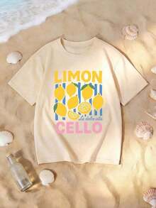 Edición Limitada: Camiseta Casual de Manga Corta con Estampado de Limones para Mujer, Tejido de Punto, Cuello Redondo, Hombros Caídos, Moda de Verano La Dolce, Algodón Ligero - Albaricoque - Ver 2