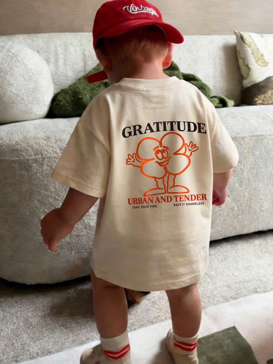 1 pieza Camiseta de manga corta de cuello redondo básica para niños pequeños/bebés con estampado de gráfico de dibujos animados, lema y letra, casual y de moda - Albaricoque - Ver 1