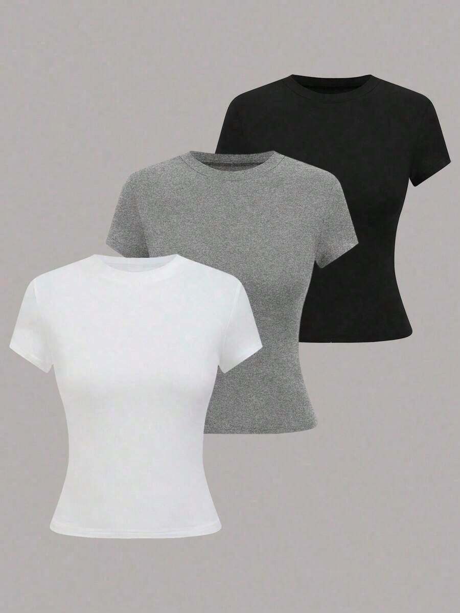 Camiseta de manga corta de unicolor casual para mujer, versátil para el verano, conjuntos de camisetas para mujer, tops básicos para mujer, paquete múltiple de tops para mujer, camisetas de mujer, tops de manga corta para mujer - Multicolor 4 - Ver 1