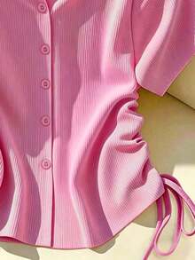 Camiseta de manga corta de verano para mujer, de unicolor, con botones delanteros y cordón lateral - Rosa - Ver 3