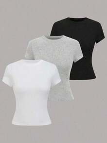 Camiseta de manga corta de unicolor casual para mujer, versátil para el verano, conjuntos de camisetas para mujer, tops básicos para mujer, paquete múltiple de tops para mujer, camisetas de mujer, tops de manga corta para mujer - Multicolor 14 - Ver 1