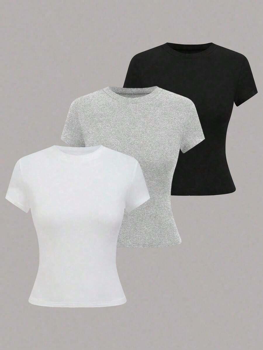 Camiseta de manga corta de unicolor casual para mujer, versátil para el verano, conjuntos de camisetas para mujer, tops básicos para mujer, paquete múltiple de tops para mujer, camisetas de mujer, tops de manga corta para mujer - Multicolor 14 - Ver 1