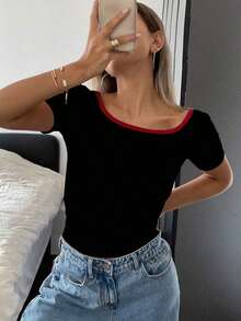 Top corto de escote redondo liso para verano, top halter - Negro 2 - Ver 2