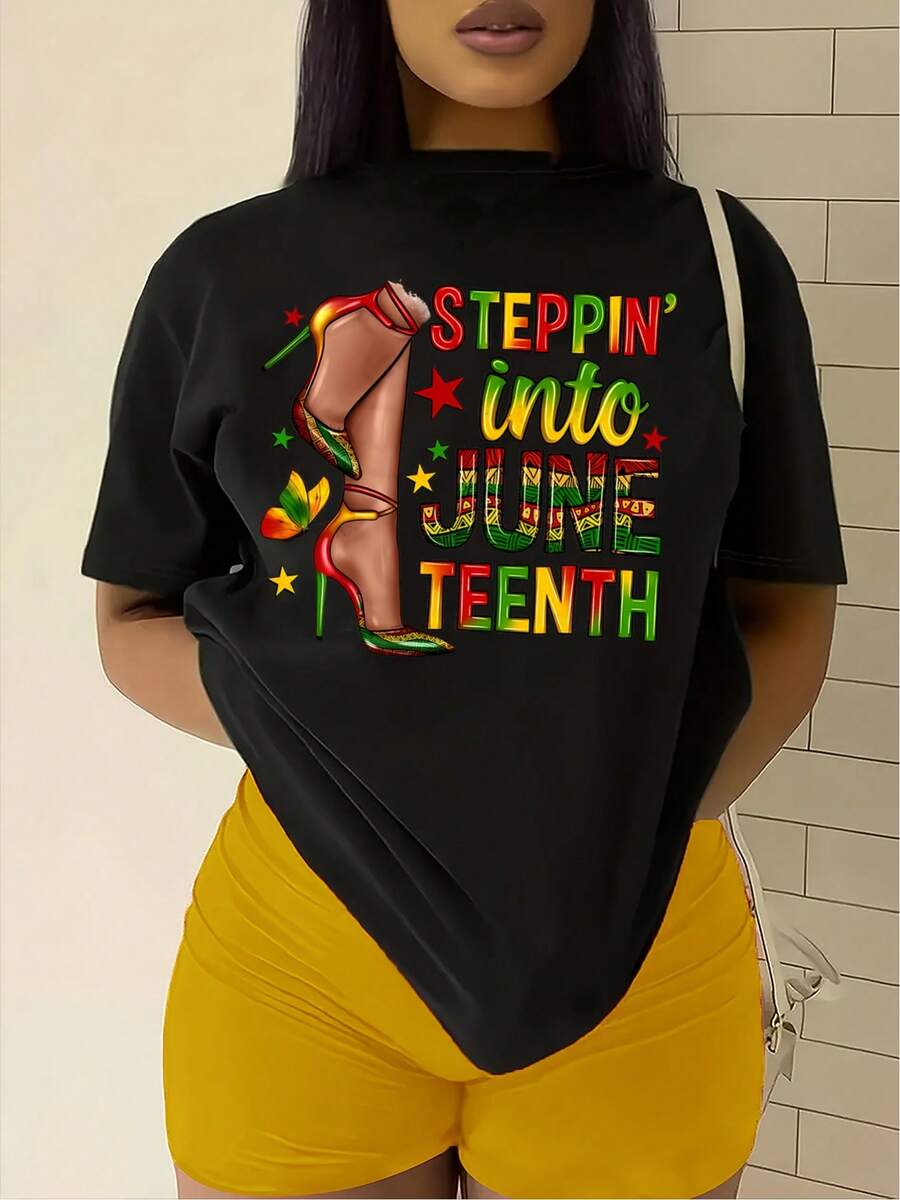ModaModaCamiseta Casual para Mujer con Estampado "Stepin' Into Juneteenth" - Manga Corta, Cuello Redondo, Blanca con Letras Coloridas y Diseño de Botas, Lavable a Máquina, Top de Moda Primavera Verano, Camiseta para Mujer - Negro - Ver 1