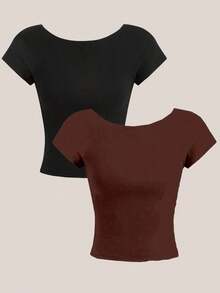 2 piezas Camiseta corta de cuello redondo y espalda descubierta de manga corta, ajustada para mujer, de verano - Multicolor - Ver 2