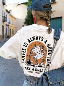 Camiseta de manga corta con cuello redondo y estampado de taza de café, sencilla y a la moda, versátil y adecuada para el uso diario de mujeres en verano. - Blanco - Ver 5