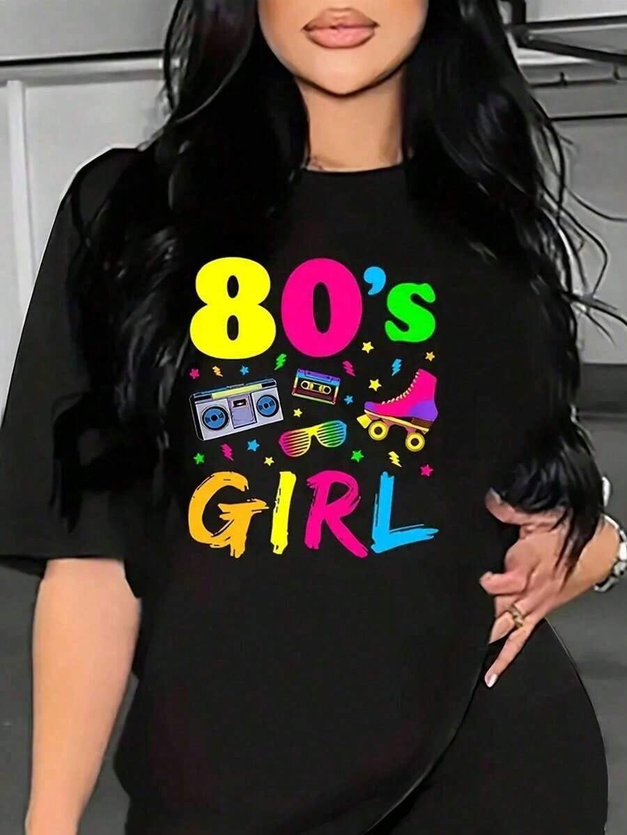 Soft Conjunto de pantalones de dos piezas con estampado de letras de los 80, camiseta casual de manga corta y conjunto ajustado, ropa deportiva de moda para mujer pattern pattern - Negro - Ver 1