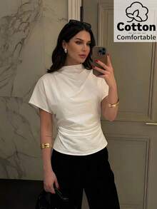 Blusa de bambú y lino con cuello arrugado, mangas asimétricas, plisado lateral y cintura ceñida, para uso diario, color albaricoque, para todas las estaciones - Blanco - Ver 3