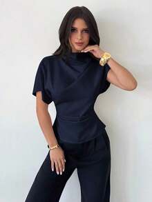 Blusa de bambú y lino con cuello arrugado, mangas asimétricas, plisado lateral y cintura ceñida, para uso diario, color albaricoque, para todas las estaciones - Azul marino - Ver 4