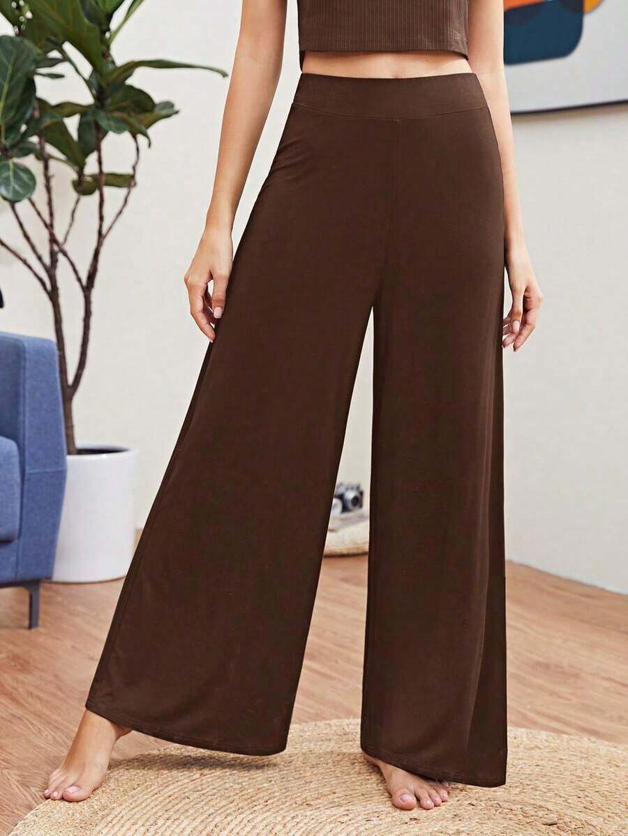 Pantalones holgados de pierna ancha de un solo color tipo palazzo, pantalones casuales de cintura alta y pierna ancha de viscosa negra suelta para mujeres, para uso profesional/de oficina/ropa de trabajo - Marrón - Ver 1