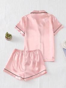 Conjunto de pijama de 2 piezas con camisa de manga corta con solapa y pantalones cortos con moño, ropa de dormir para mujer, conjunto de dos piezas - Rosa - Ver 2