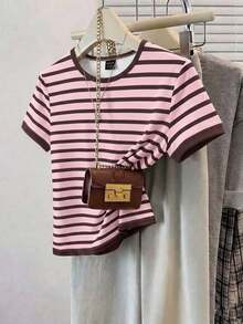 Camiseta casual de mujer de cuello redondo de manga corta a rayas, camiseta a rayas de estilo retro francés de color café, top de manga corta de cuello redondo estilizador y versátil, camiseta básica casual suave y pegajosa, top a rayas, pri - Multicolor 7 - Ver 10