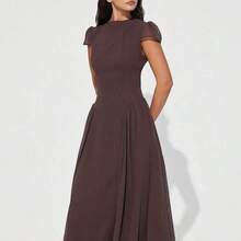 Elegant French Luxury Chiffon Dress, Stand Collar, Puff Sleeves, A-Line Silhouette, Waist Cinched, Flared Hem, Midi Length, Back Zipper Closure, Lining, Classic Solid Color, Casual Versatile, Suitable For Daily Occasions - Verde - Ver 5